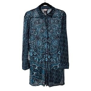 Chico's Travelers L Green Mesh Button Up Top Cover Up Long Sleeve Paisley Tunic